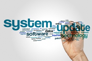 Word cloud concept for “System Update” image on a gray background.