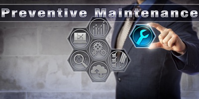 Business person plugging a wrench icon into a virtual reality preventive maintenance matrix. Technology concept for computer system routine inspection.