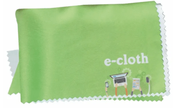 The foreground object depicts a green computer e-cloth cleaner for laptop or desktop screen.