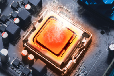 Illustration of a computer motherboard overheating and burning because the CPU processor chip overheats and burns in the socket. CPU Maintenance Checklist Concept.