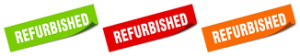 There are refurbished stickers, isolated square signs, and labels for refurbished items isolated on a white background.