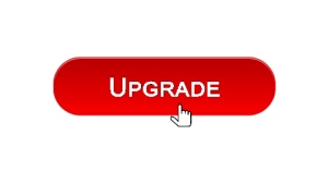 Mouse cursor clicks red upgrade button for computer hardware update. Upgrade computer hardware concept.