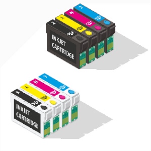 An isometric vector illustration depicts inkjet cartridges as colorful, three-dimensional icons. The concept represents what printer will use 3rd-party ink cartridges.